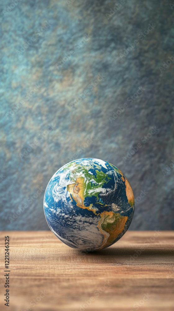 Earth's vibrant globe rests on a wooden surface against a textured background, symbolizing global unity and environmental awareness Earth's vibrant globe rests on a wooden surface against a textured background, symbolizing global unity and environmental awareness