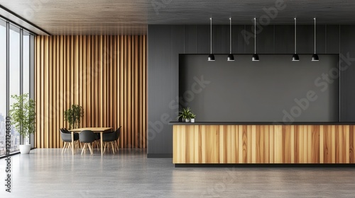 Gray and wooden open space office featuring a minimalistic design with a blank wall. The space highlights a modern and clean aesthetic, perfect for versatile use and personalization. photo
