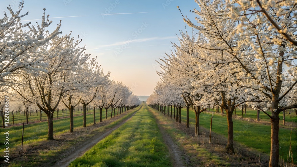 A stunning tree-lined orchard pathway with rows of blooming white fruit trees under a soft golden sky, creating a peaceful spring atmosphere. A stunning tree-lined orchard pathway with rows of blooming white fruit trees under a soft golden sky, creating a peaceful spring atmosphere.