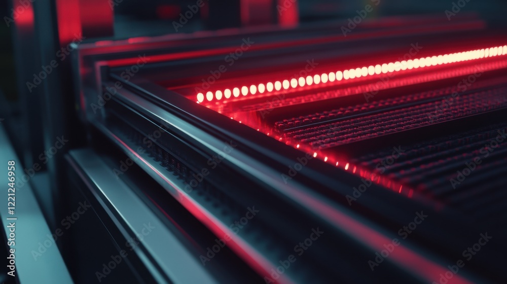 Obraz premium Close-up of a high-tech machine with glowing red lights, showcasing intricate metal structures