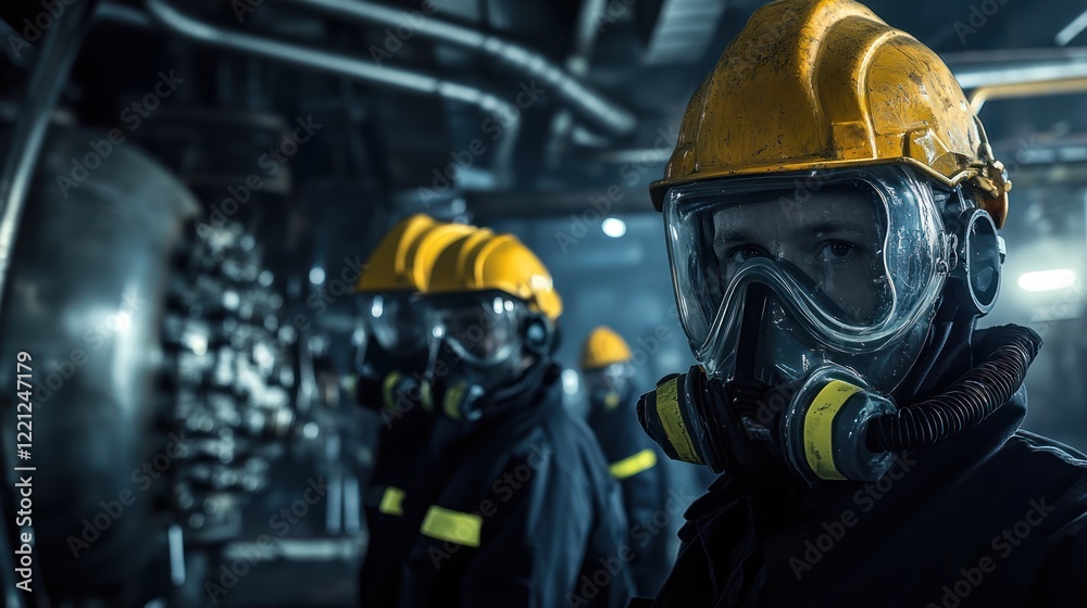 Naklejka premium Workers in gas masks and helmets stand in an industrial setting for safety training
