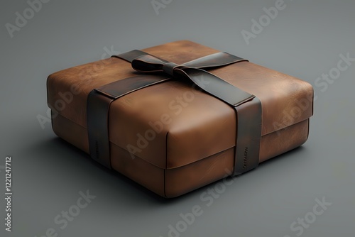 Wallpaper Mural Elegant brown leather gift box with black ribbon cross-tied on dark background, perfect for luxury product presentation or premium packaging design concept. Torontodigital.ca