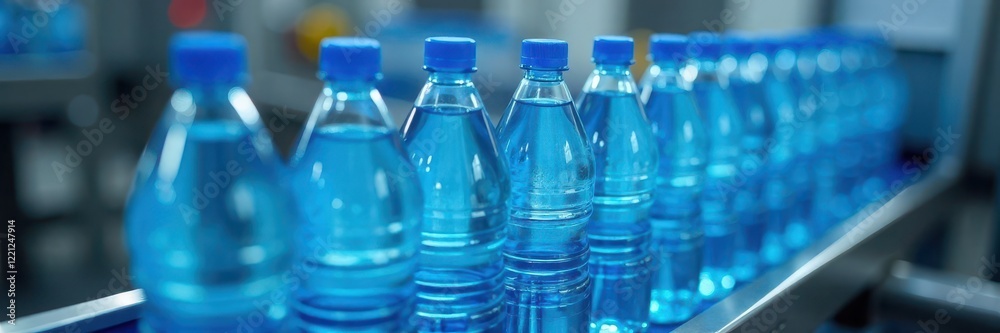 Close-up of bottled water on conveyor belt, ready for packaging, hydration, surface Close-up of bottled water on conveyor belt, ready for packaging, hydration, surface