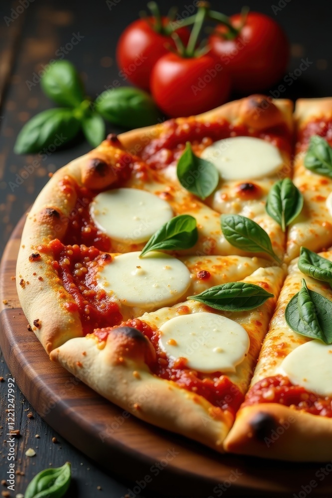 Artisan pizza, bubbling mozzarella, wooden serving board, cheese, appetizing Artisan pizza, bubbling mozzarella, wooden serving board, cheese, appetizing