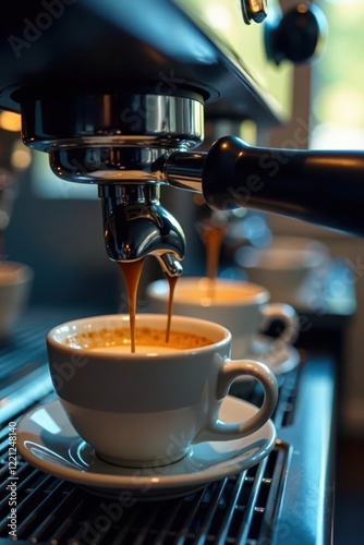 Close-up of espresso machine spout, coffee flowing, liquid, aromatic