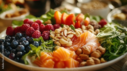 Healthy variety of fresh, crisp leafy greens, salmon fish, antioxidant-rich berries, and protein-packed nuts, elegantly arranged on a rustic plate placed on a wooden table, showcasing a balanced meal