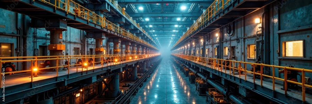 Naklejka premium Gleaming metal catwalks above refinery floor, intricate machinery, massive, pipes