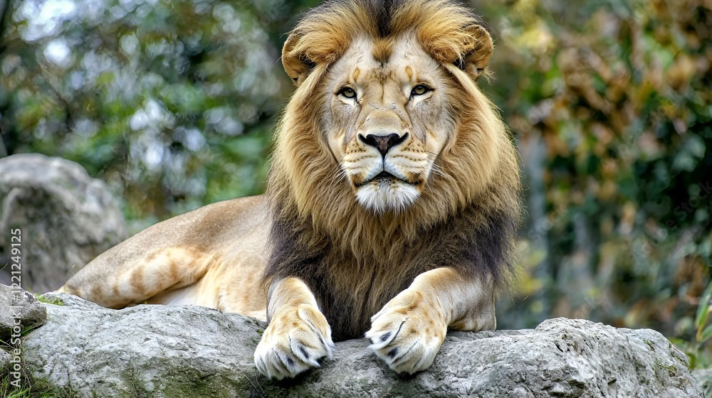 Majestic lion resting on rocks, zoo background, wildlife photography Majestic lion resting on rocks, zoo background, wildlife photography