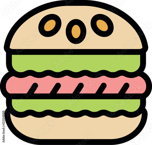 Cartoon burger featuring sesame seeds, patty, and fresh lettuce between fluffy buns, ideal for menu designs and food related projects