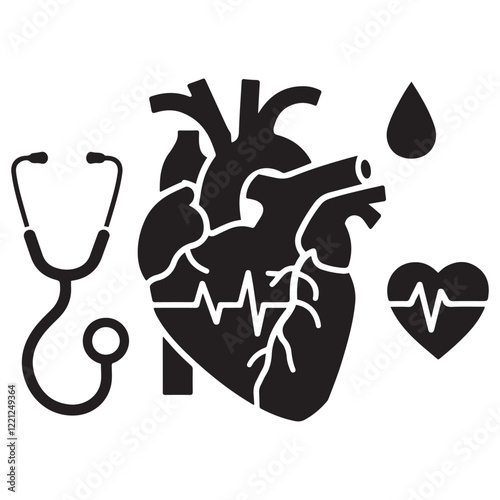 Anatomical heart vector silhouette icon. heartbeat, cardiovascular, anatomy, medical, health, cardiology illustration, biology, organ, human heart collection