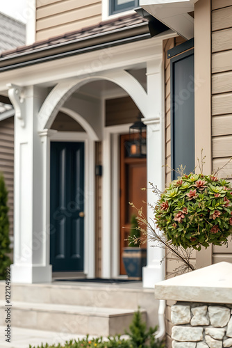 Elegant Home Exterior with Classic Design and Landscaping.  Beautiful architecture, curb appeal, and inviting entrance.  Perfect for real estate listings and home design inspiration. photo