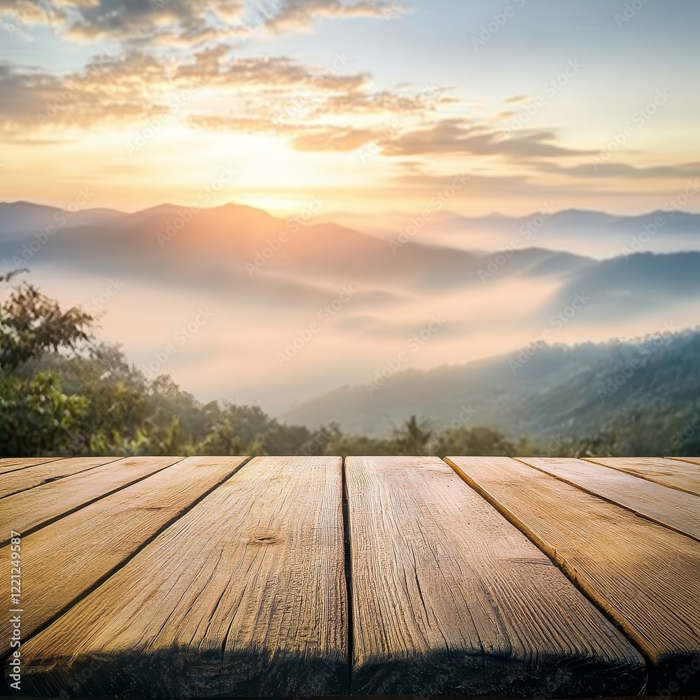 Wooden table top on blur mountain background with sunrise. can be used for montage or display your products Wooden table top on blur mountain background with sunrise. can be used for montage or display your products