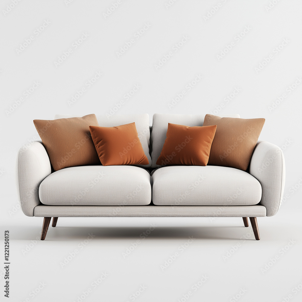 Fototapeta premium Modern wooden sofa with light gray cushions on a white background, front view.