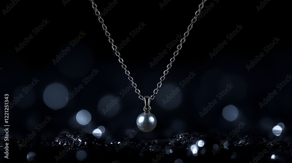 Elegant pearl necklace on dark background, bokeh lights. Jewelry photoshoot for online store Elegant pearl necklace on dark background, bokeh lights. Jewelry photoshoot for online store