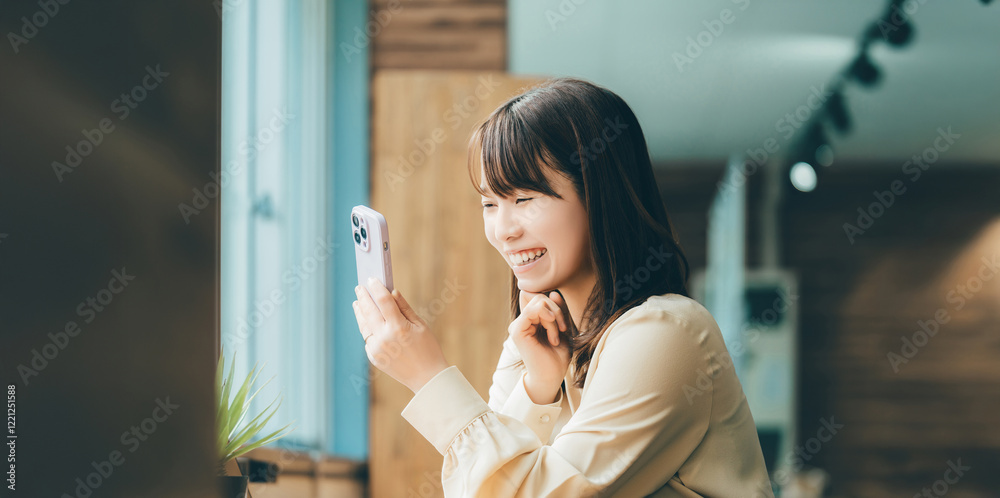 Fototapeta premium 笑顔でスマートフォンを使う女性・ビジネスウーマン