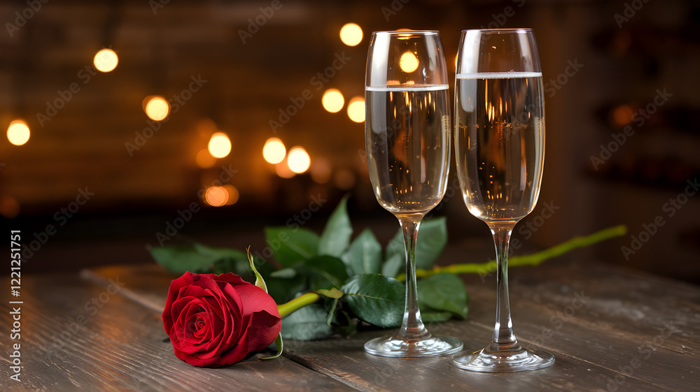 A rose in the shape of a heart, two glasses of champagne wine A rose in the shape of a heart, two glasses of champagne wine