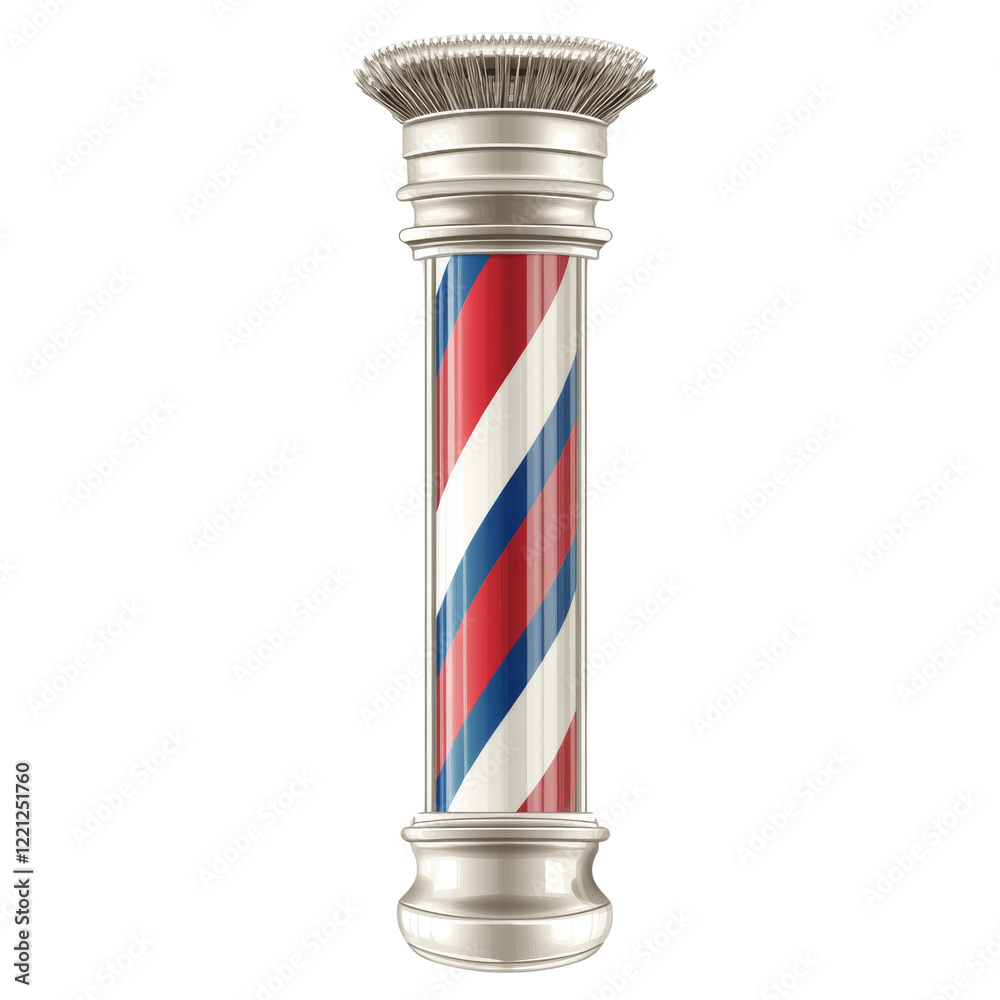 A classic barber pole with red white and blue stripes stands tall as a symbol of a traditional barbershop. A classic barber pole with red white and blue stripes stands tall as a symbol of a traditional barbershop.