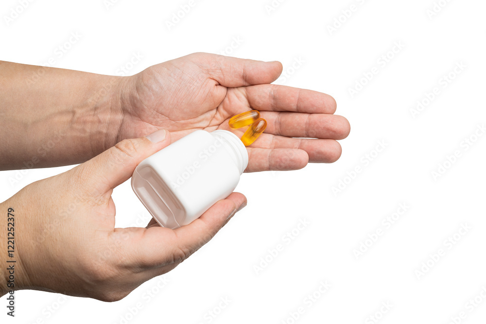 Male hand pouring yellow omega-3 capsules from plastic bottle into a palm, fatty acid, fish oil supplements, isolated on transparent background Male hand pouring yellow omega-3 capsules from plastic bottle into a palm, fatty acid, fish oil supplements, isolated on transparent background