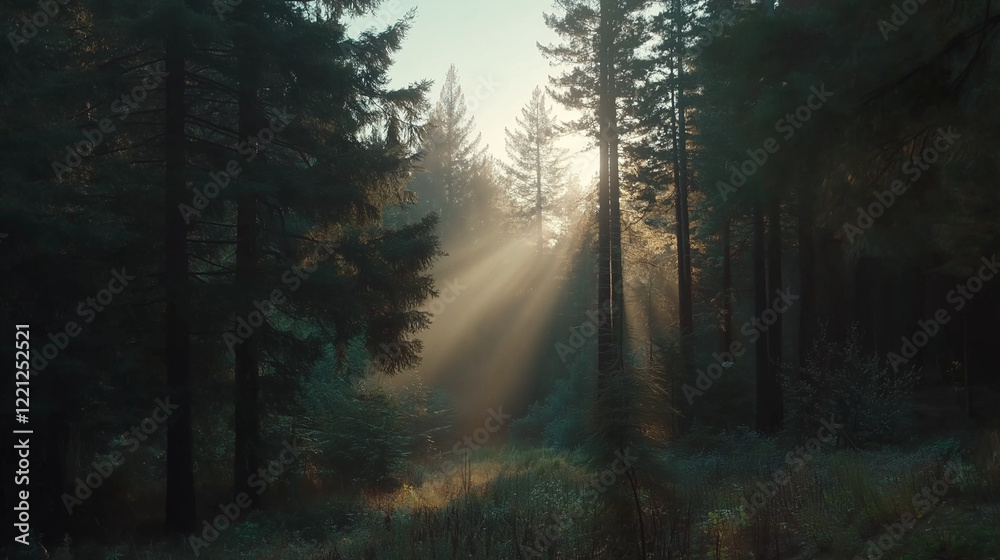 Obraz premium Golden rays of sunlight breaking through a forest of tall pine trees at dawn.