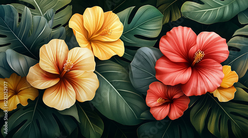 Wallpaper Mural A colorful arrangement of hibiscus flowers in shades of orange, pink, and yellow, framed by lush green tropical leaves, showcasing natural beauty and vibrancy. Torontodigital.ca