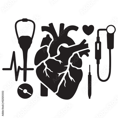 Anatomical heart vector silhouette icon. heartbeat, cardiovascular, anatomy, medical, health, cardiology illustration, biology, organ, human heart collection