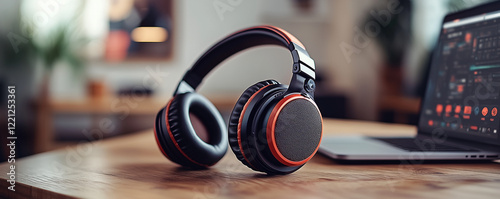 High-quality headphones on wooden desk next to laptop in modern workspace photo