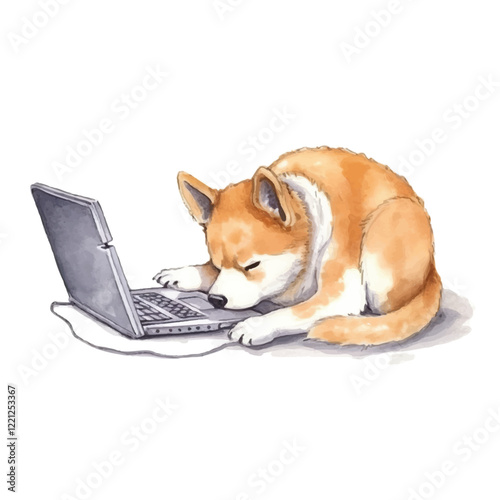 watercolors Cute shiba inu dog sitting on chair illustration