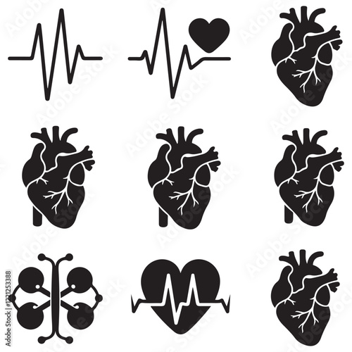Anatomical heart vector silhouette icon. heartbeat, cardiovascular, anatomy, medical, health, cardiology illustration, biology, organ, human heart collection