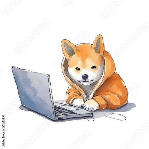 watercolors Cute shiba inu dog sitting on chair illustration