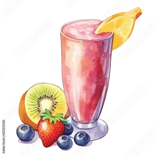 watercolors A refreshing fruit smoothie in a glass illustration