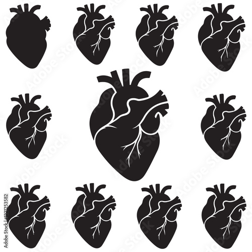 Anatomical heart vector silhouette icon. heartbeat, cardiovascular, anatomy, medical, health, cardiology illustration, biology, organ, human heart collection
