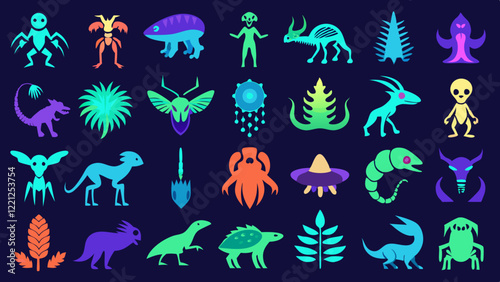 Flat icons of glowing alien wildlife creatures, showcasing bioluminescence and extraterrestrial life.