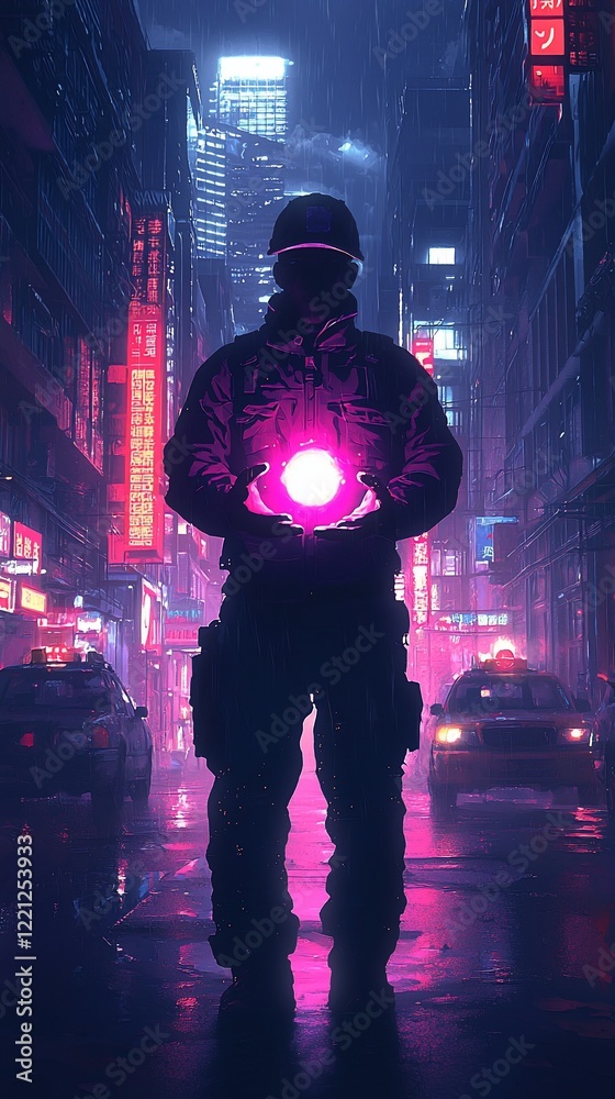 Soldier holding glowing orb in cyberpunk city. Soldier holding glowing orb in cyberpunk city.