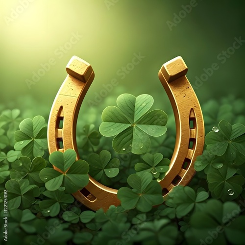  A golden horseshoe resting on a bed of shamrocks under soft sunlight, AI Generated photo