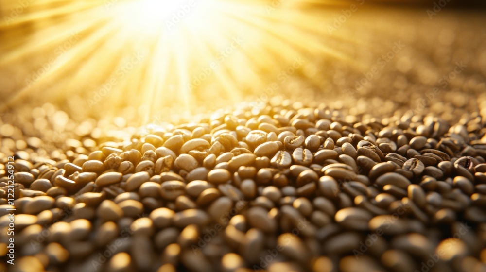 Obraz premium Close-up of glistening coffee beans illuminated by sunlight on a textured surface