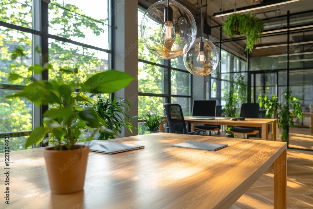 Fototapeta premium Eco-friendly office design with natural light and green elements modern workspace urban environment indoor view sustainability concept