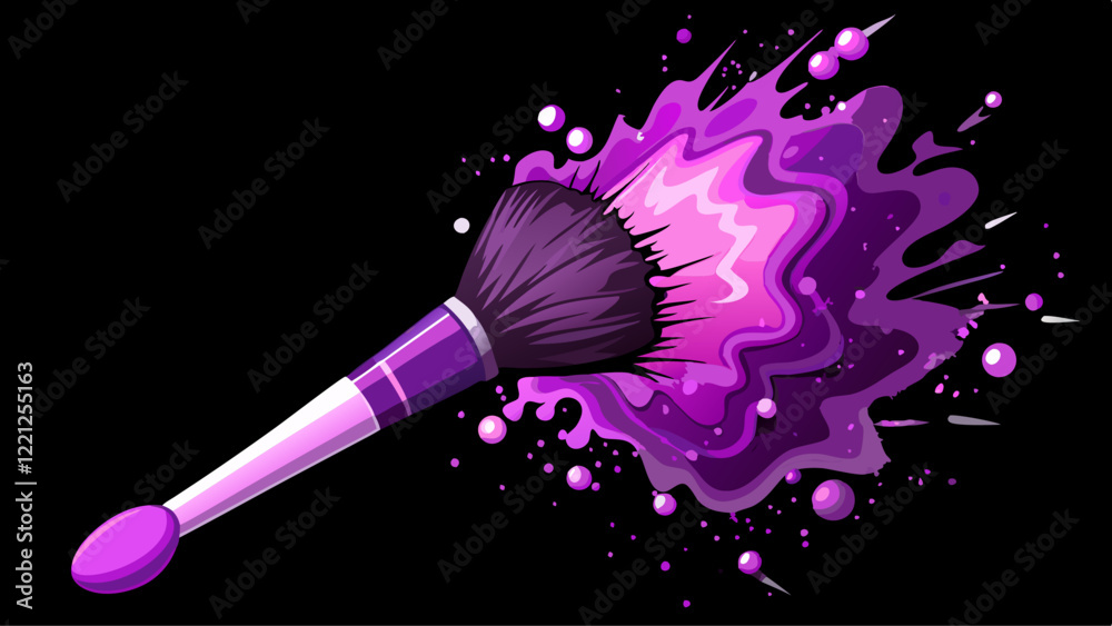 Make-up brush with violet powder explosion on black background