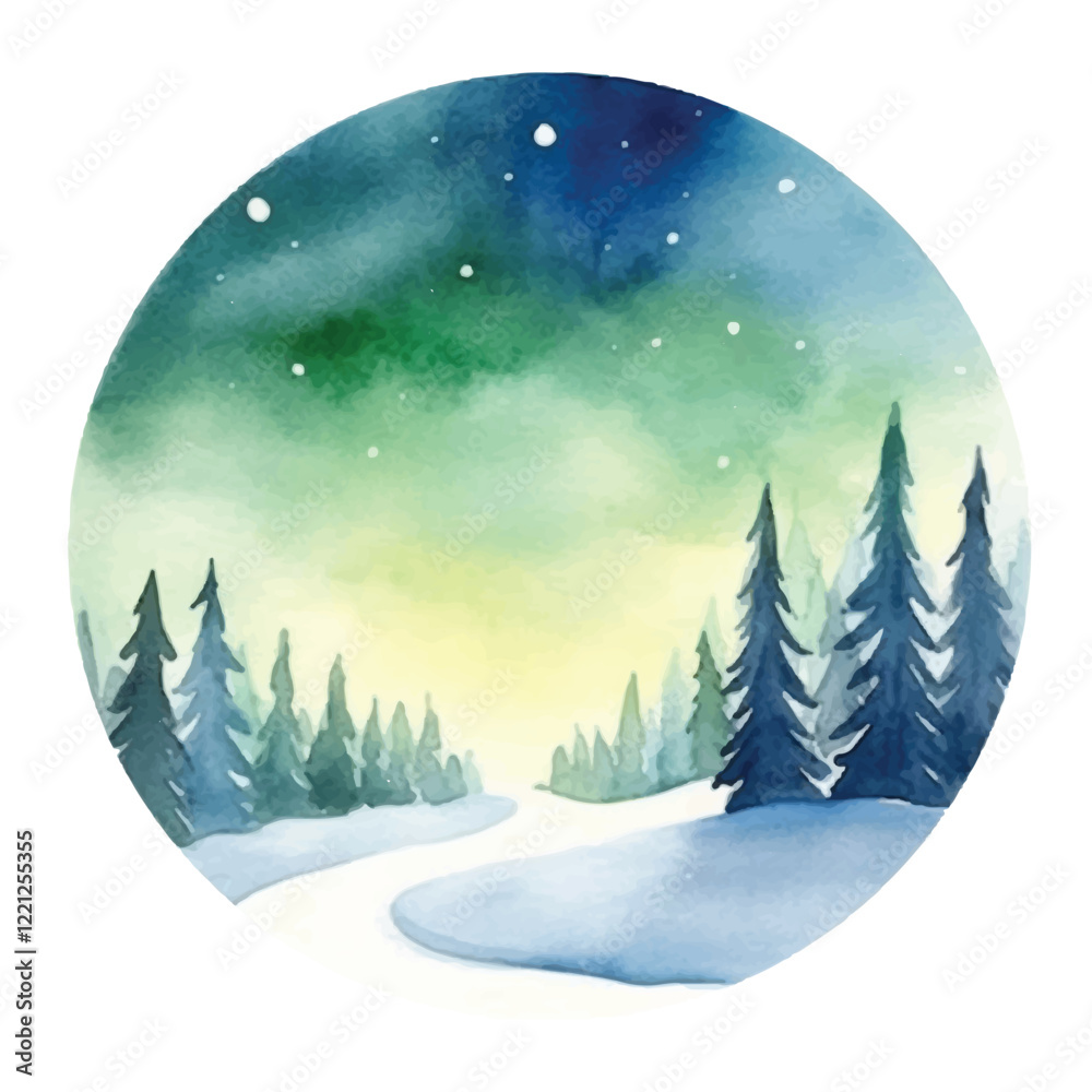 Naklejka premium watercolors A stunning aurora borealis over a snow illustration