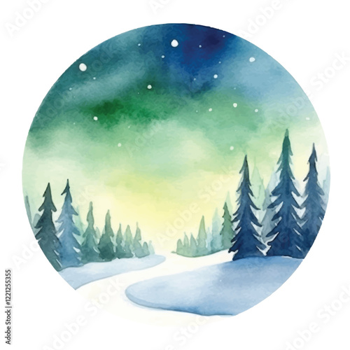 watercolors A stunning aurora borealis over a snow illustration