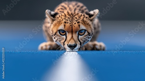 A focused cheetah poised to sprint, showcasing agility and determination on a vibrant blue surface.