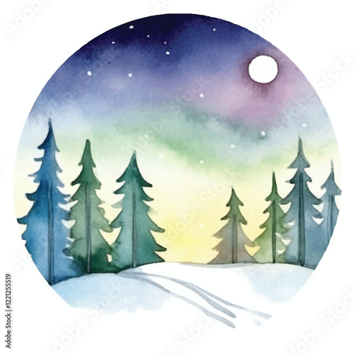 watercolors A stunning aurora borealis over a snow illustration