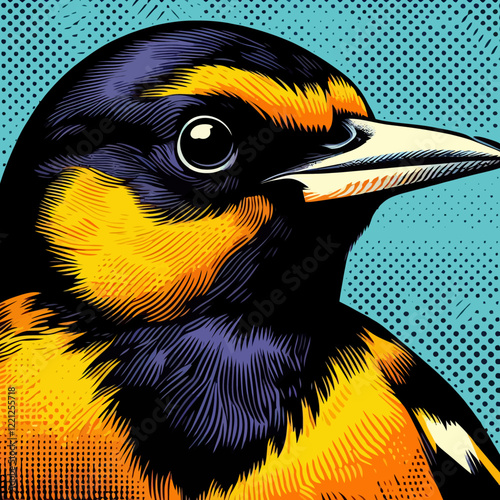 Baltimore Oriole bird close up in pop art style, colorful vector illustration