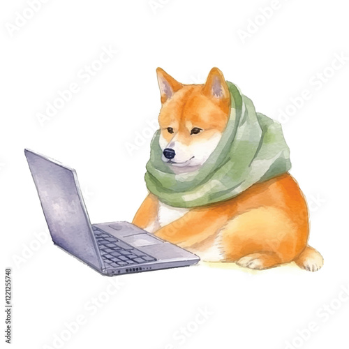 watercolor cute shiba inu dog playing laptop illustration