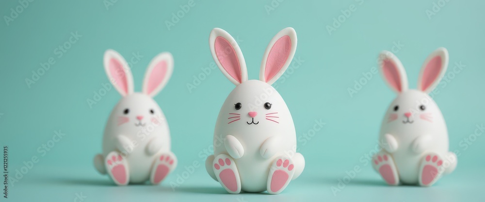 Cute white bunny figures with pink ears and paws on a teal background. Cute white bunny figures with pink ears and paws on a teal background.