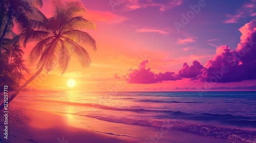 Tropical Sunset Paradise: Vibrant Colors and Serene Beachscape