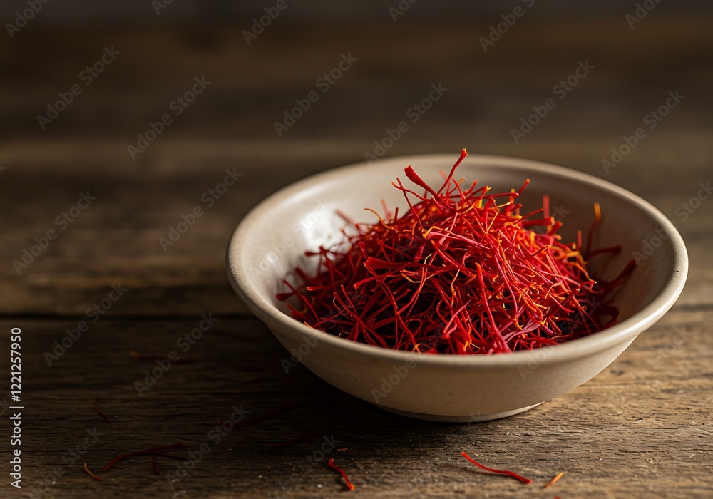 Fototapeta premium Premium Saffron Spice in Bowl on Wooden Table