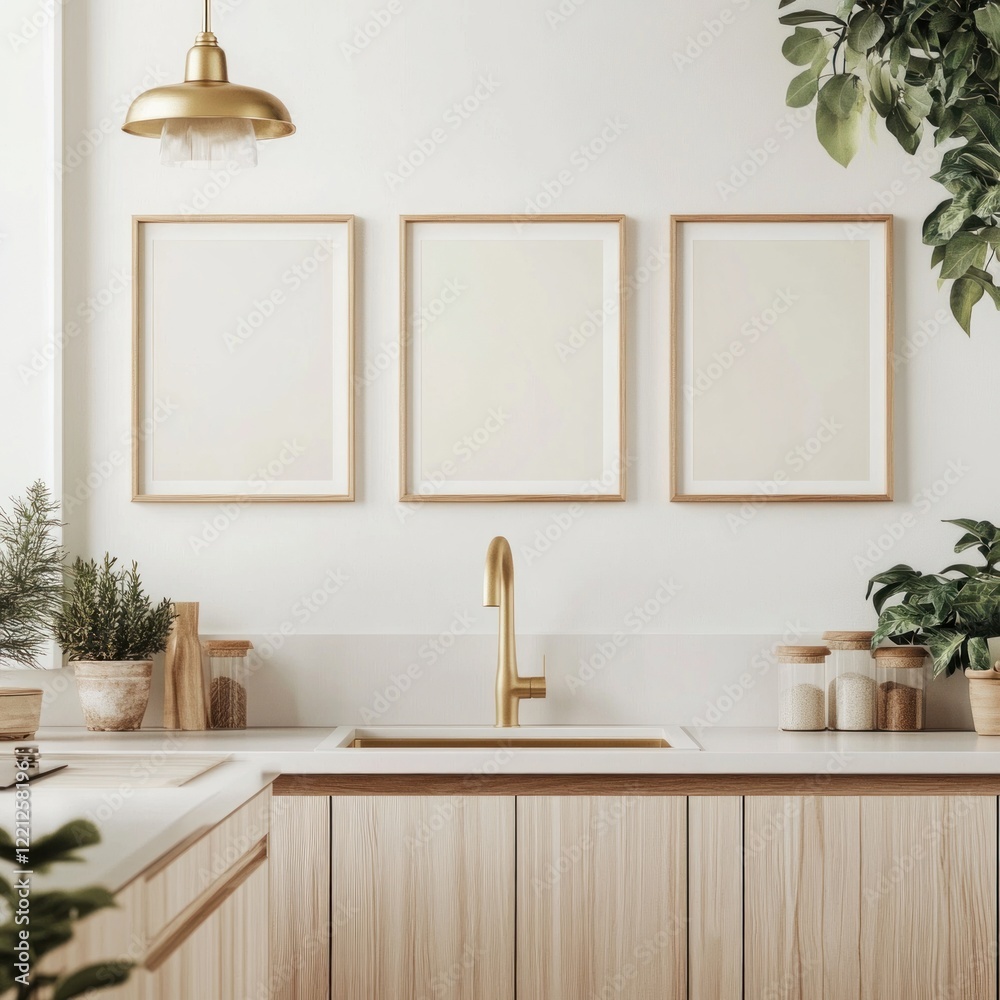 Fototapeta premium Minimalist kitchen with gold accents and three empty frames.