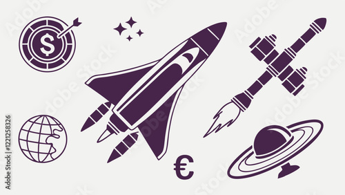 Flat Icon Silhouettes of Galactic Trade Featuring Spaceports, Cargo, and Interplanetary Markets