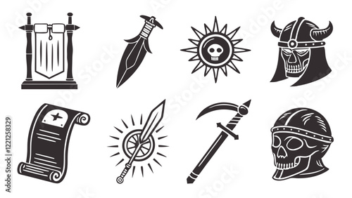Flat Icon Silhouettes of Magical Artifacts Featuring Cursed Amulets, Enchanted Daggers, and More
