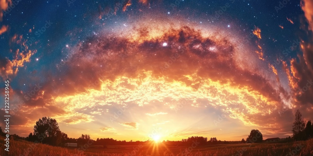 Obraz premium Stunning sunset with glowing clouds and starry sky over tranquil landscape